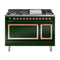 ILVE Nostalgie II Noblesse 48-Inch Freestanding Natural Gas Dual Fuel Range with Solid Door Oven in Emerald Green with Copper Trim (UN48FQNMPEGP)