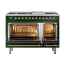 ILVE Nostalgie II Noblesse 48-Inch Freestanding Natural Gas Dual Fuel Range with Solid Door Oven in Emerald Green with Copper Trim (UN48FQNMPEGP)