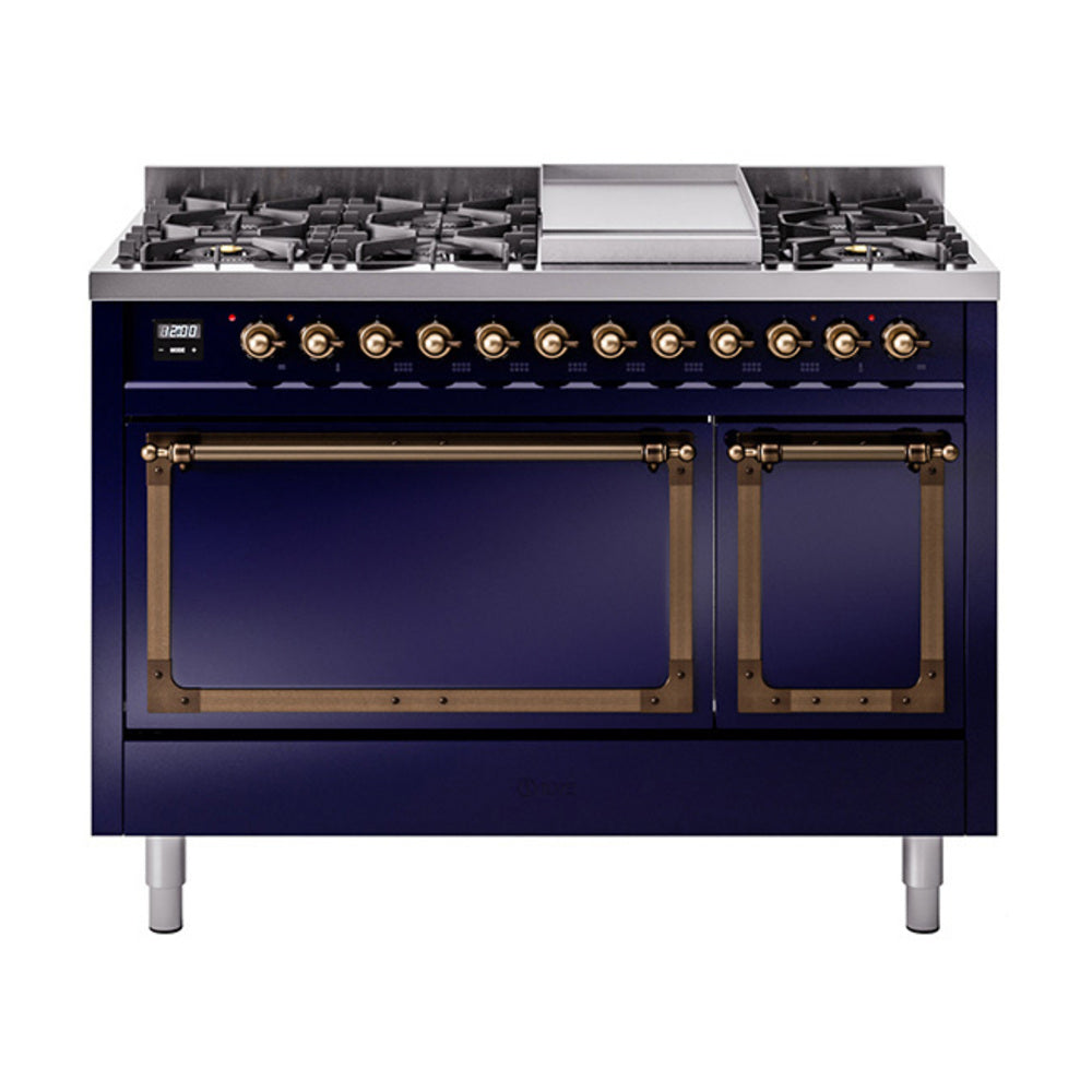 Midnight blue dual fuel range with bronze trim; solid door oven and front control knobs