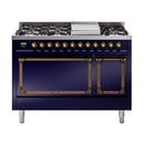 ILVE Nostalgie II Noblesse 48-Inch Freestanding Natural Gas Dual Fuel Range with Solid Door Oven in Midnight Blue with Bronze Trim (UN48FQNMPMBB)
