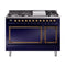 ILVE Nostalgie II Noblesse 48-Inch Freestanding Natural Gas Dual Fuel Range with Solid Door Oven in Midnight Blue with Bronze Trim (UN48FQNMPMBB)