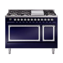 ILVE Nostalgie II Noblesse 48-Inch Dual Fuel Freestanding Range with Solid Door Oven in Midnight Blue with Chrome Trim (UN48FQNMPMBCLP)