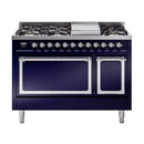 ILVE Nostalgie II Noblesse 48-Inch Freestanding Natural Gas Dual Fuel Range with Solid Door Oven in Midnight Blue with Chrome Trim (UN48FQNMPMBC)