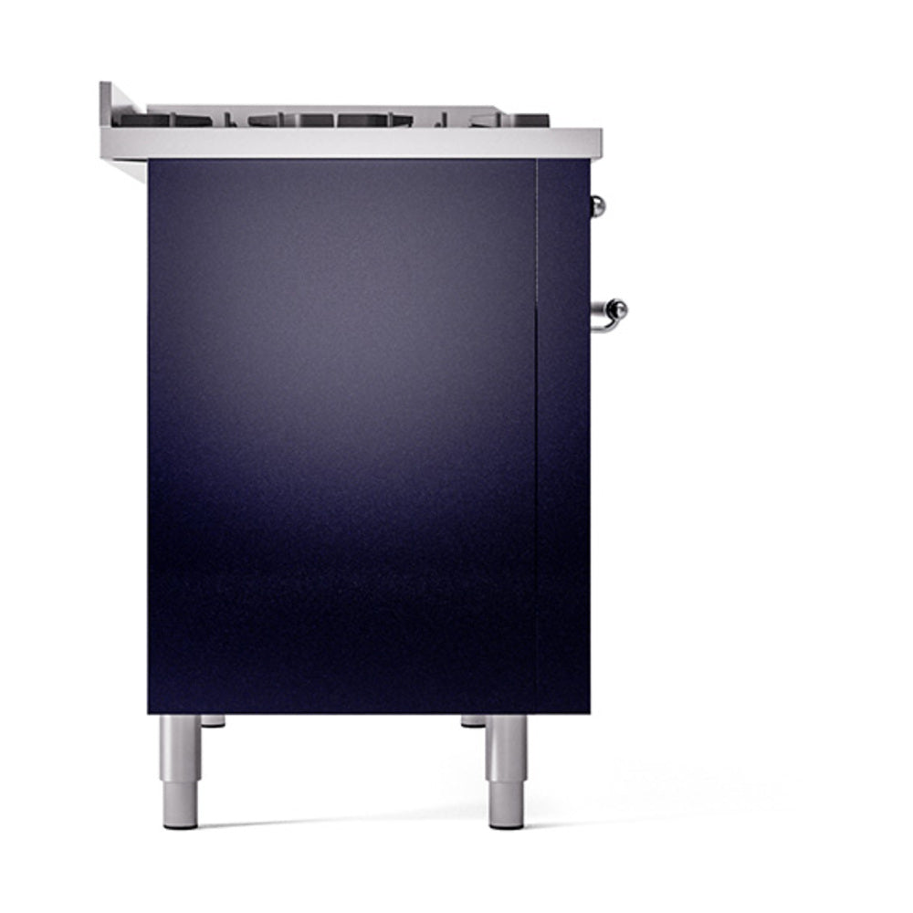 Midnight blue solid door oven panel with chrome control knobs and leveling legs