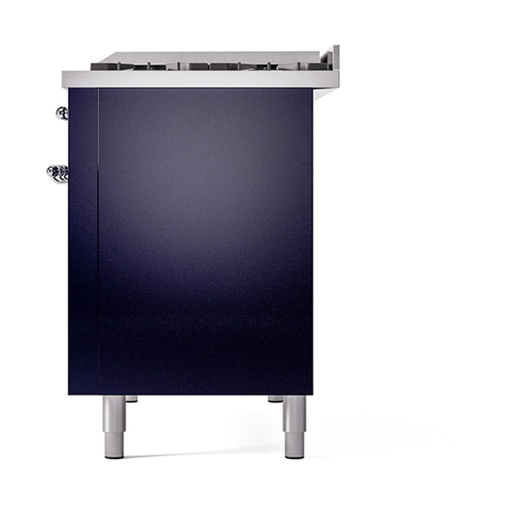 Midnight blue oven door panel on a freestanding range with chrome-trim feet