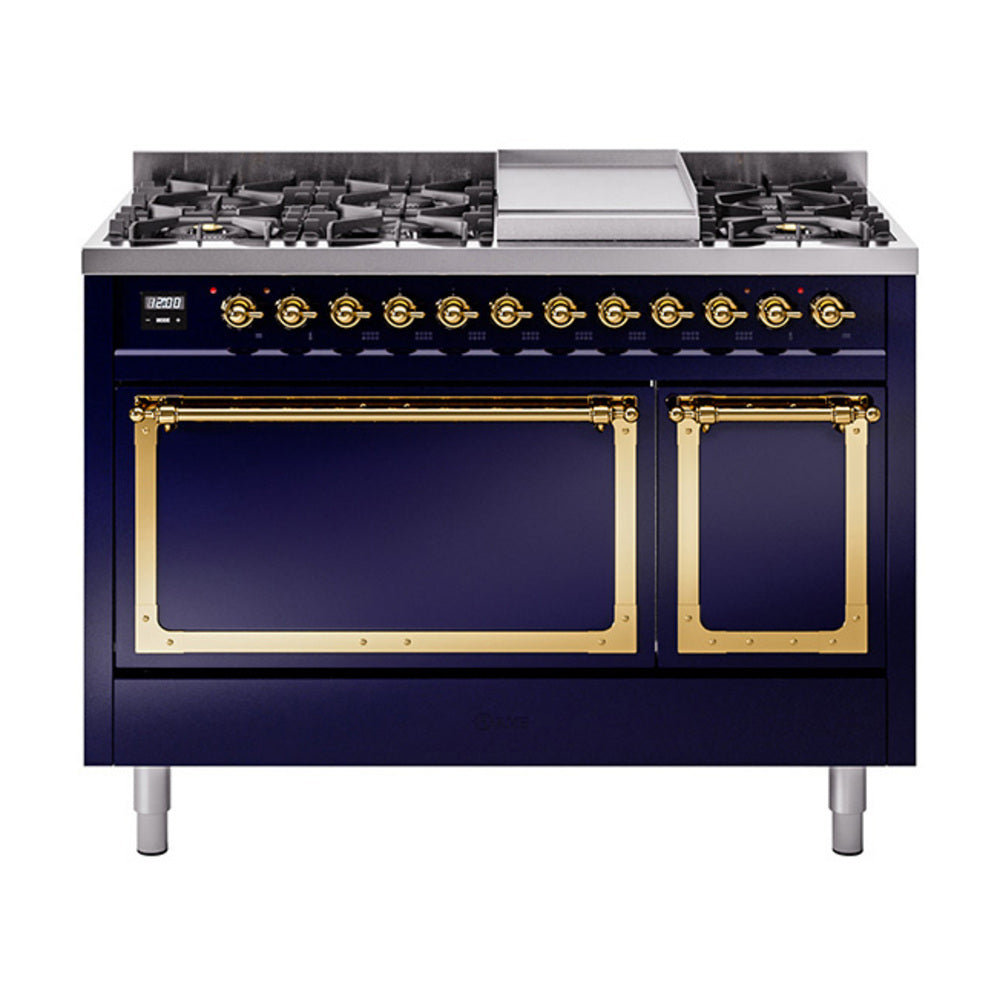 ILVE Noblesse freestanding range in midnight blue with brass trim and glass oven doors