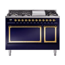 ILVE Nostalgie II Noblesse 48-Inch Freestanding Natural Gas Dual Fuel Range with Solid Door Oven in Midnight Blue with Brass Trim (UN48FQNMPMBG)