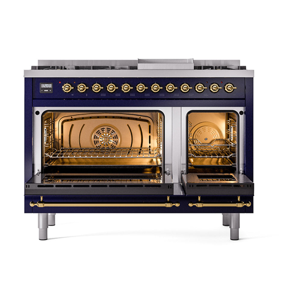 ILVE Noblesse dual fuel range with open ovens showing brass racks in midnight blue