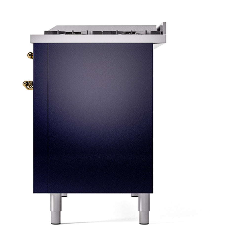 Midnight blue range side panel with brass knobs and gray leveling legs