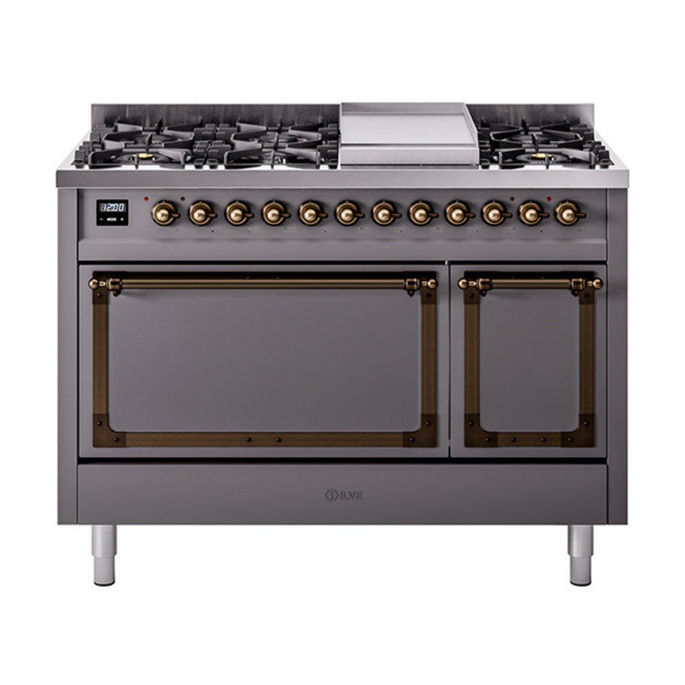 Freestanding dual-fuel gas range in matte graphite with bronze-trimmed control knobs