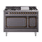 ILVE Nostalgie II Noblesse 48-Inch Freestanding Natural Gas Dual Fuel Range with Solid Door Oven in Matte Graphite with Bronze Trim (UN48FQNMPMGB)