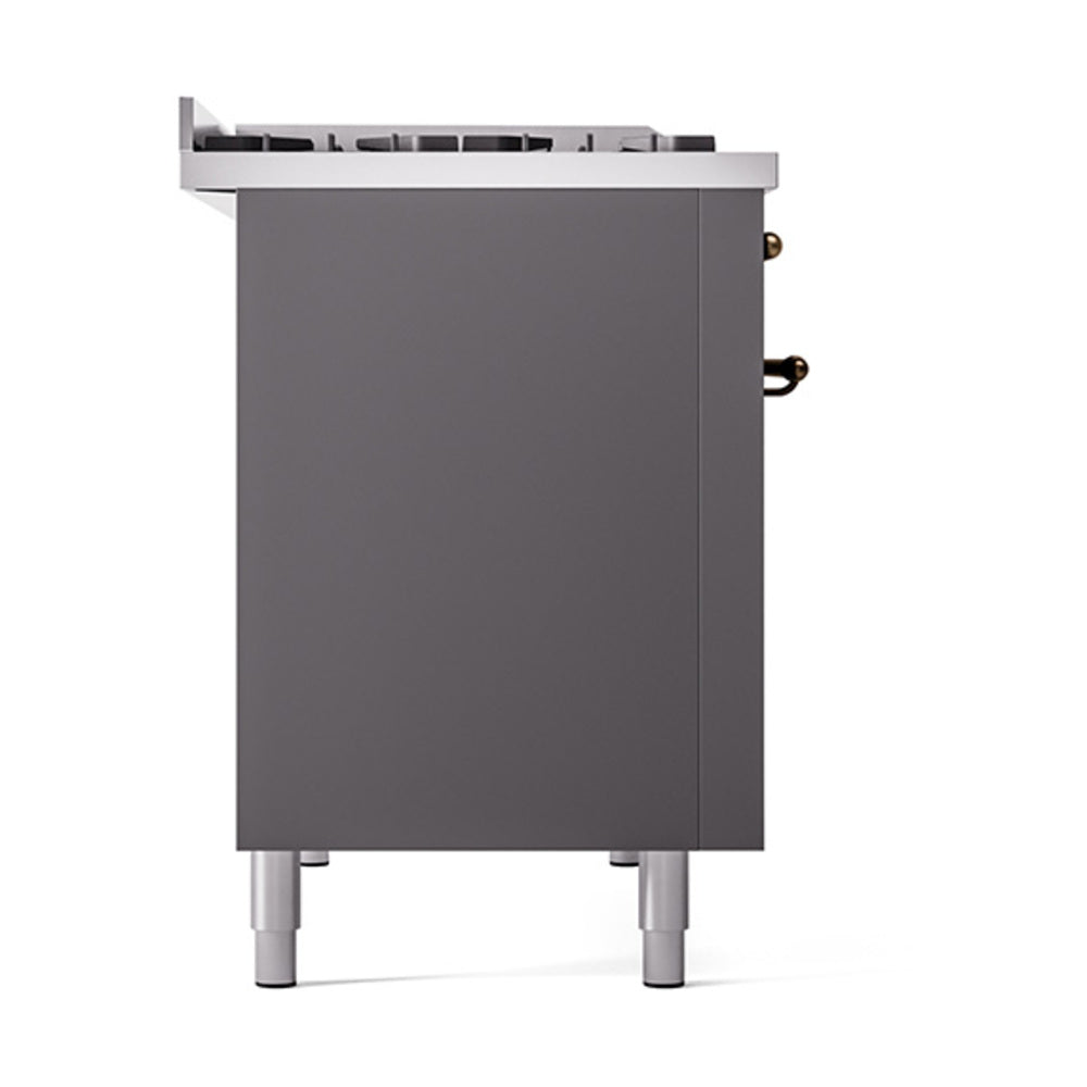 Matte graphite side panel of freestanding dual-fuel gas range with adjustable legs