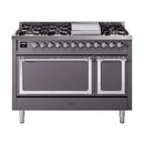 ILVE Nostalgie II Noblesse 48-Inch Dual Fuel Freestanding Range with Solid Door Oven in Matte Graphite with Chrome Trim (UN48FQNMPMGCLP)