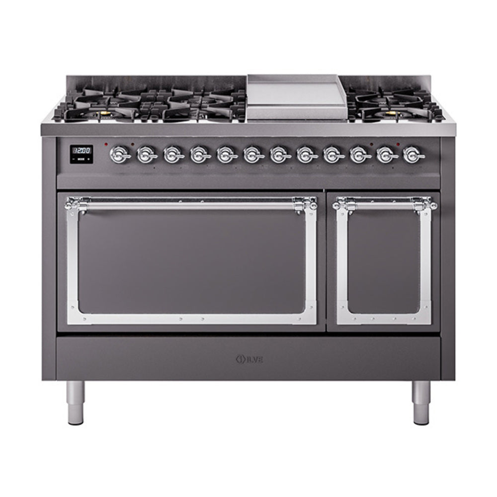 Dual fuel freestanding gas range in matte graphite with chrome-trimmed double oven doors