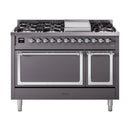 ILVE Nostalgie II Noblesse 48-Inch Freestanding Natural Gas Dual Fuel Range with Solid Door Oven in Matte Graphite with Chrome Trim (UN48FQNMPMGC)