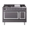 ILVE Nostalgie II Noblesse 48-Inch Freestanding Natural Gas Dual Fuel Range with Solid Door Oven in Matte Graphite with Chrome Trim (UN48FQNMPMGC)