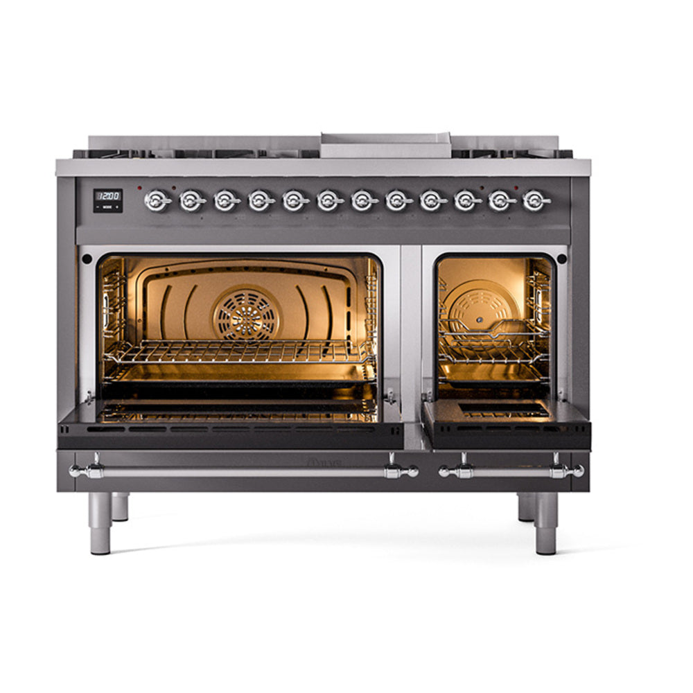 Freestanding dual fuel range with open oven doors showing illuminated oven racks