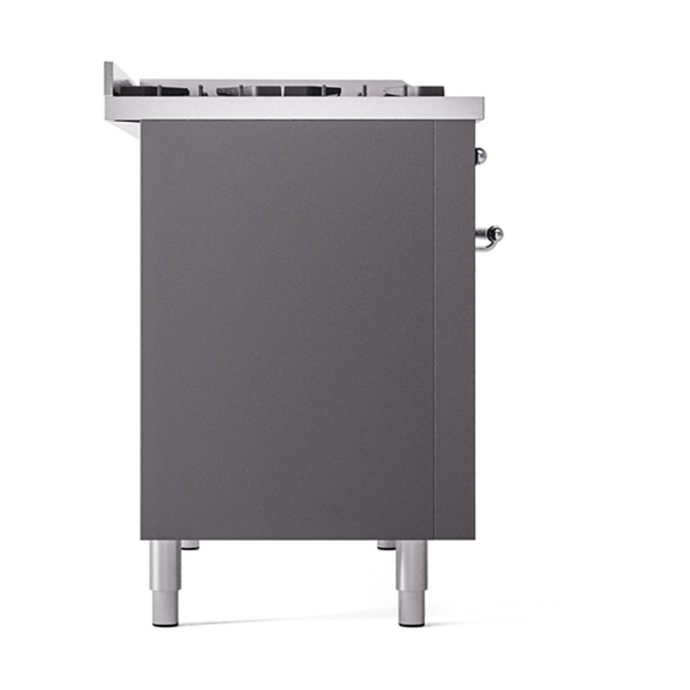 ILVE freestanding range side panel in matte graphite with chrome-trim feet