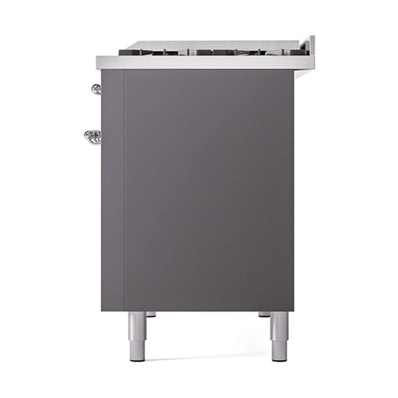 ILVE Nostalgie II Noblesse 48-Inch Dual Fuel Freestanding Range with Solid Door Oven in Matte Graphite with Chrome Trim (UN48FQNMPMGC)