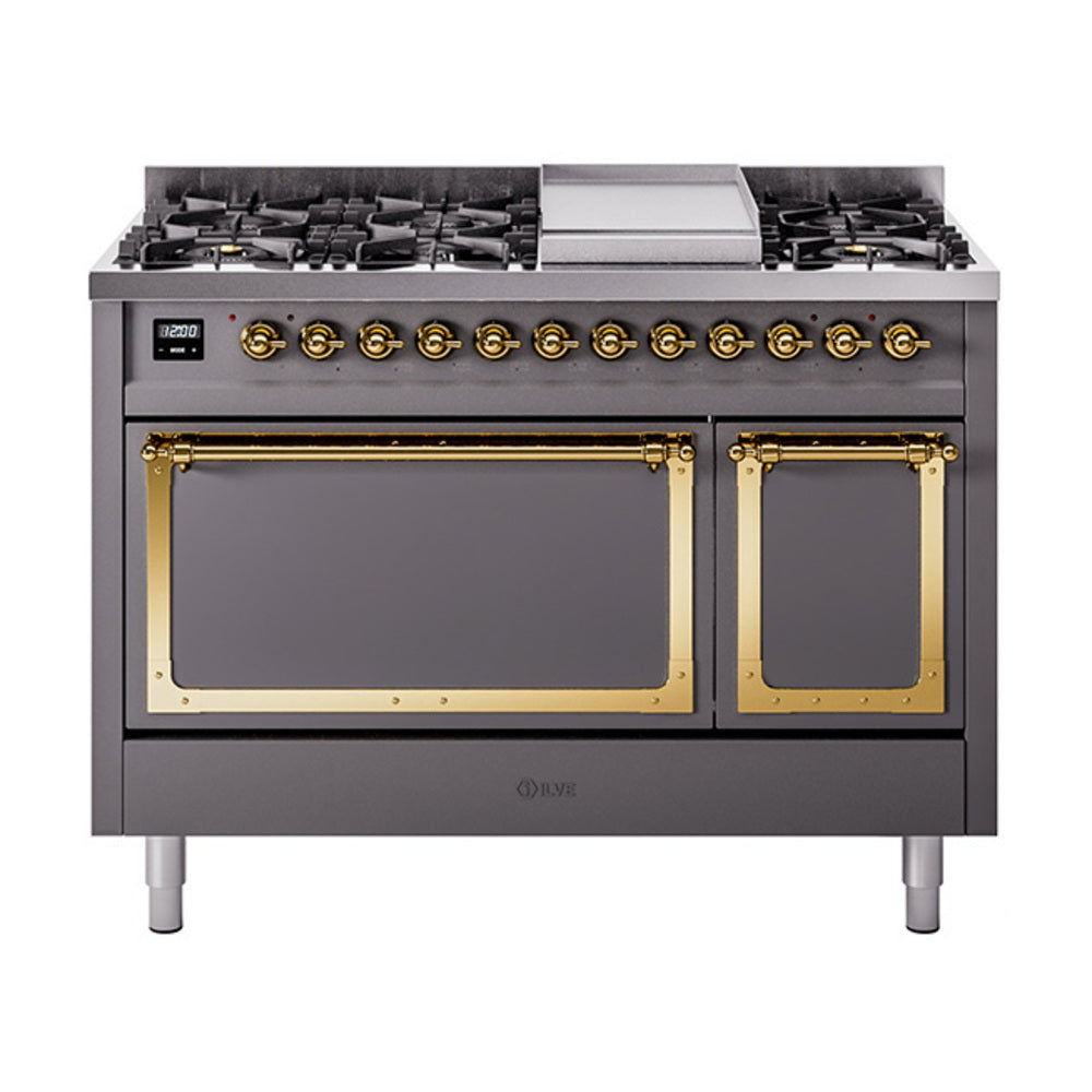 Freestanding matte graphite dual-fuel gas range with brass-trimmed knobs and cooktop burners