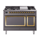 ILVE Nostalgie II Noblesse 48-Inch Freestanding Natural Gas Dual Fuel Range with Solid Door Oven in Matte Graphite with Brass Trim (UN48FQNMPMGG)