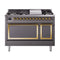 ILVE Nostalgie II Noblesse 48-Inch Freestanding Natural Gas Dual Fuel Range with Solid Door Oven in Matte Graphite with Brass Trim (UN48FQNMPMGG)