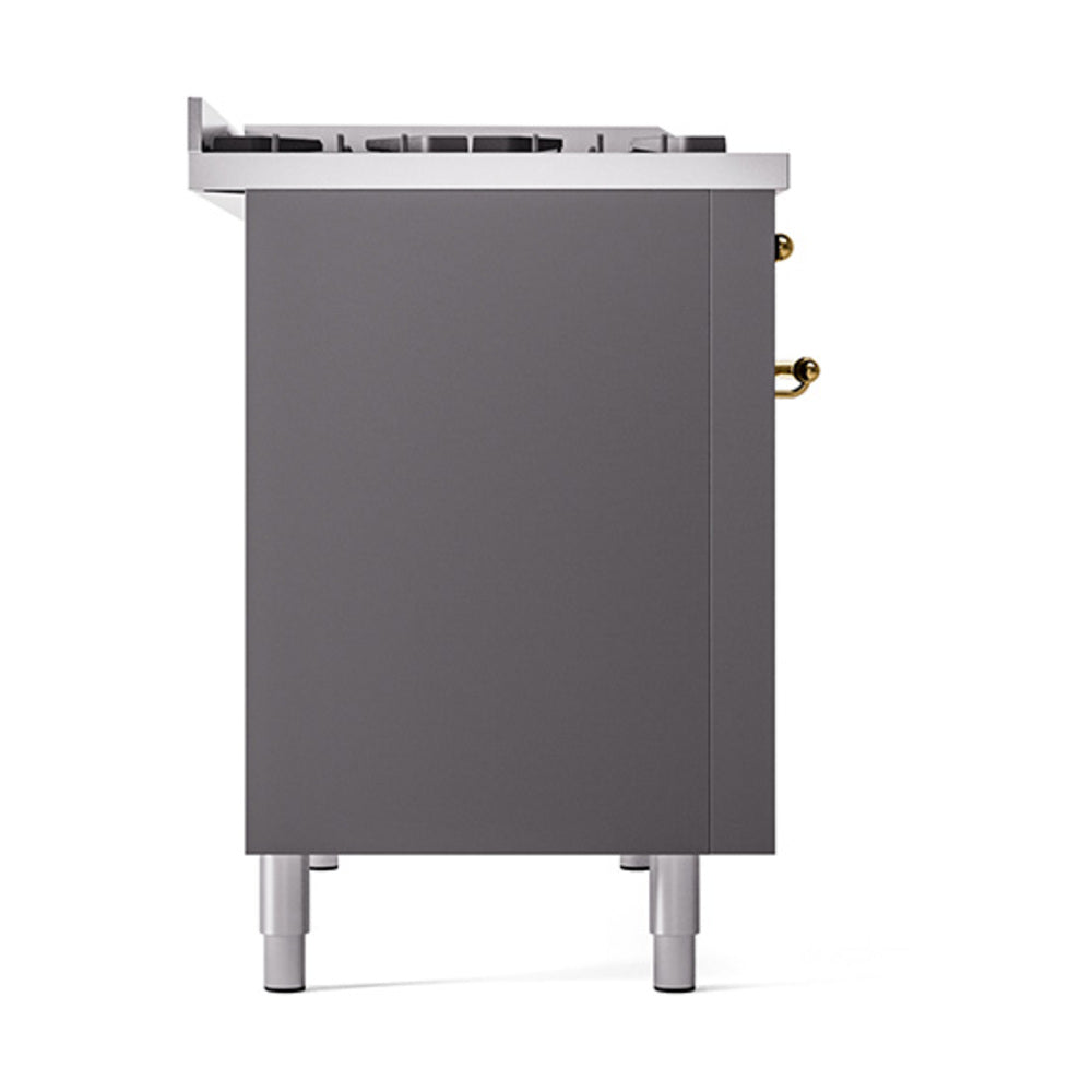 Matte graphite solid door oven side panel with brass handle, dual fuel freestanding range