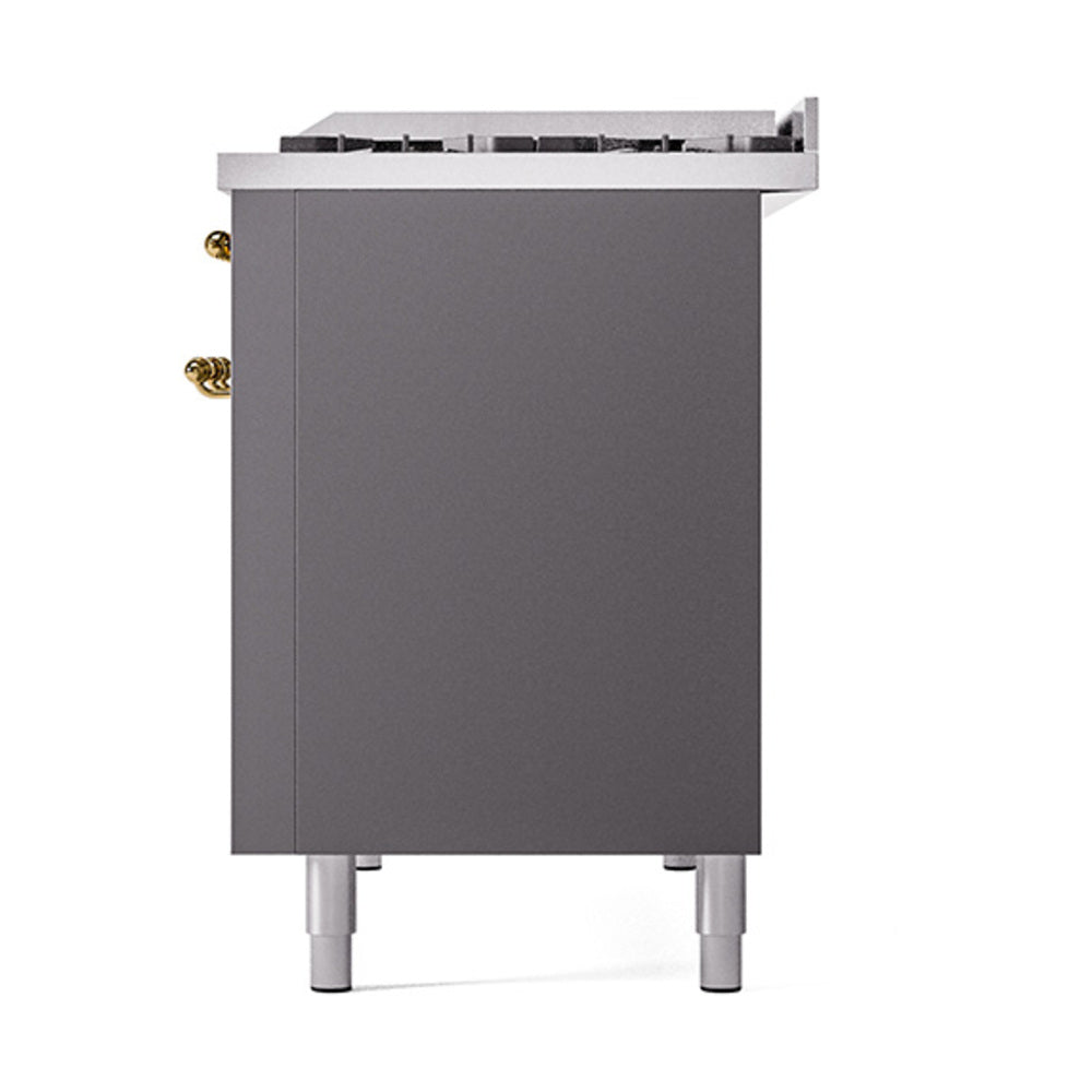 Matte graphite solid door oven back panel with brass fittings, dual fuel freestanding range