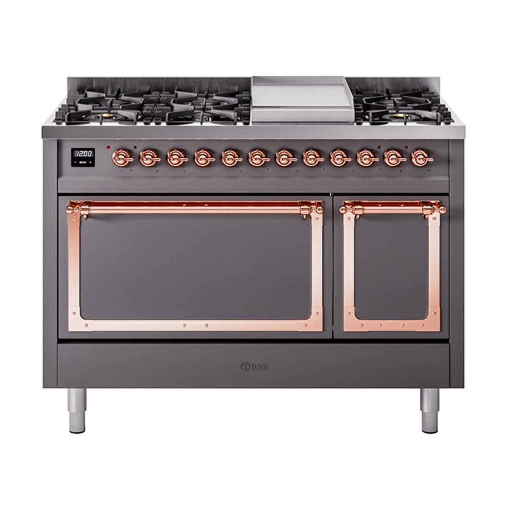Matte graphite dual fuel range with copper-trim control panel, front cooktop and knobs.