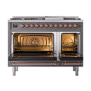 ILVE Nostalgie II Noblesse 48-Inch Dual Fuel Freestanding Range with Solid Door Oven in Matte Graphite with Copper Trim (UN48FQNMPMGPLP)