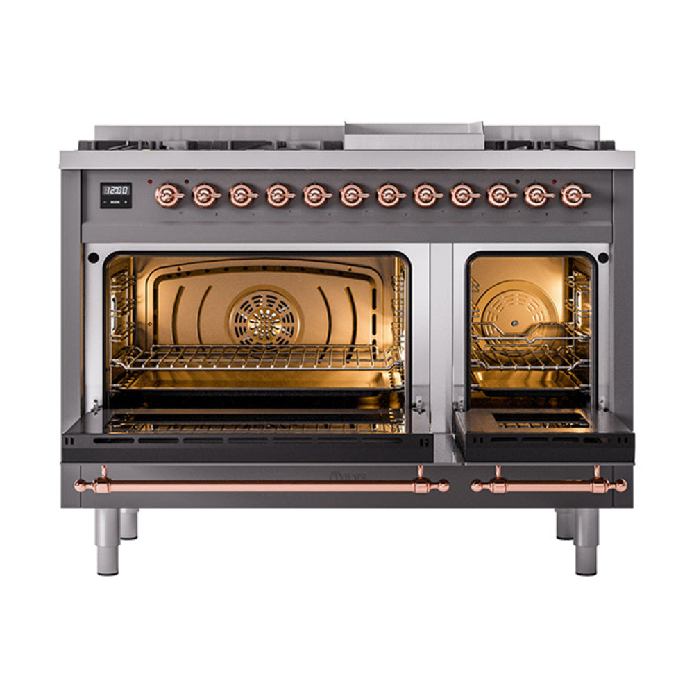 Freestanding dual fuel range with both oven doors open, showing oven racks and copper accents.