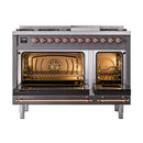 ILVE Nostalgie II Noblesse 48-Inch Freestanding Natural Gas Dual Fuel Range with Solid Door Oven in Matte Graphite with Copper Trim (UN48FQNMPMGP)