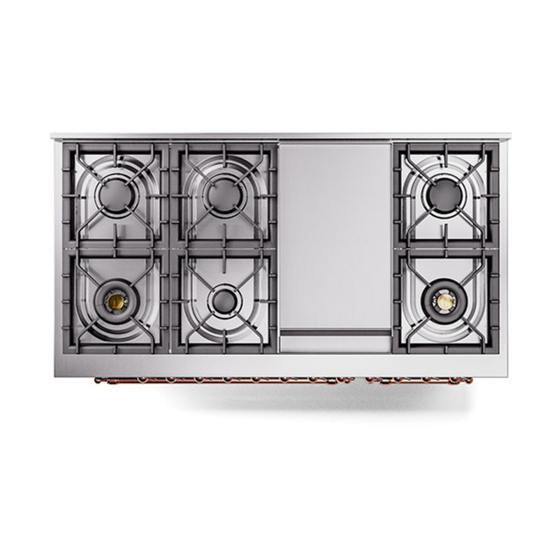 ILVE Nostalgie II Noblesse 48-Inch Dual Fuel Freestanding Range with Solid Door Oven in Matte Graphite with Copper Trim (UN48FQNMPMGP)