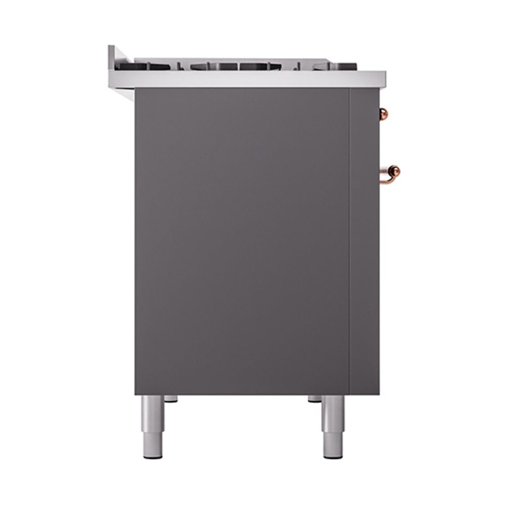 Matte graphite solid oven door with copper control knobs and leveling feet
