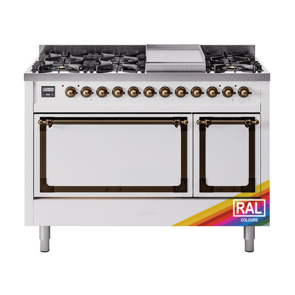 Freestanding gas range with stainless body, bronze knobs, and solid door oven