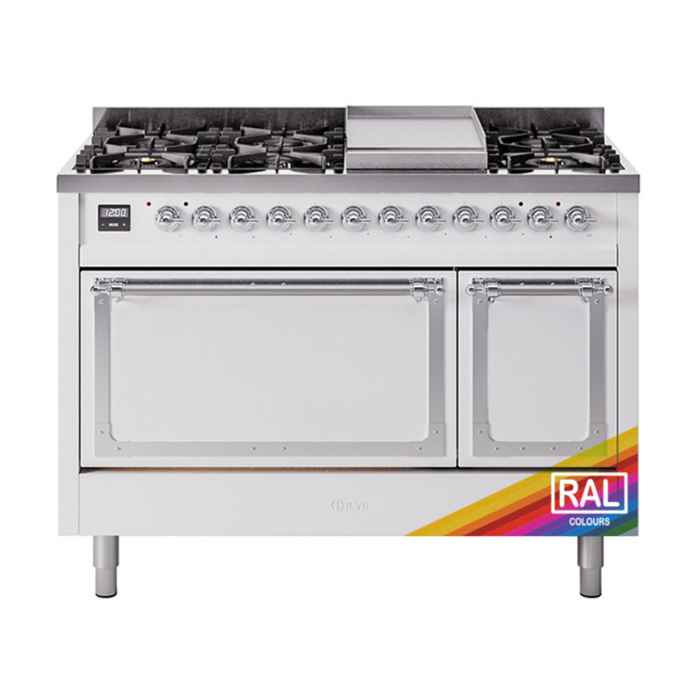 Freestanding gas range with stainless control panel, chrome trim, and dual oven doors