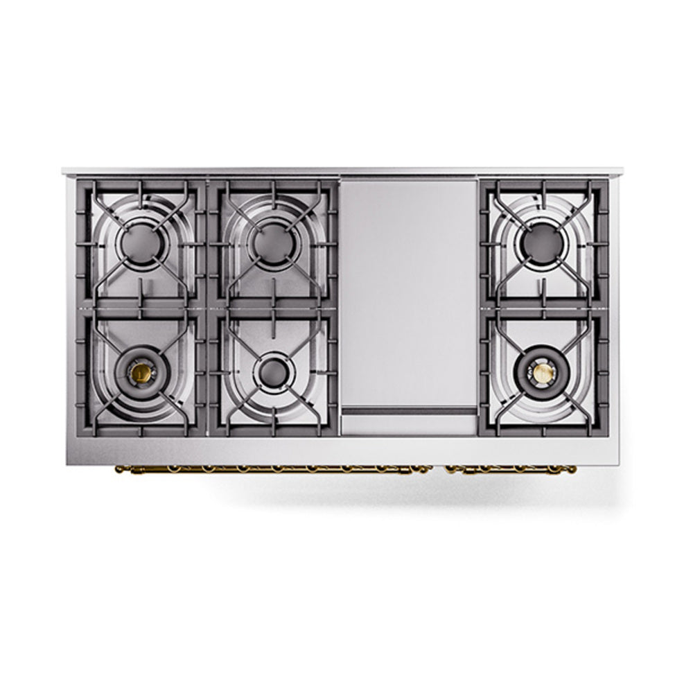 Freestanding range cooktop with burner grates and brass-trim control bar