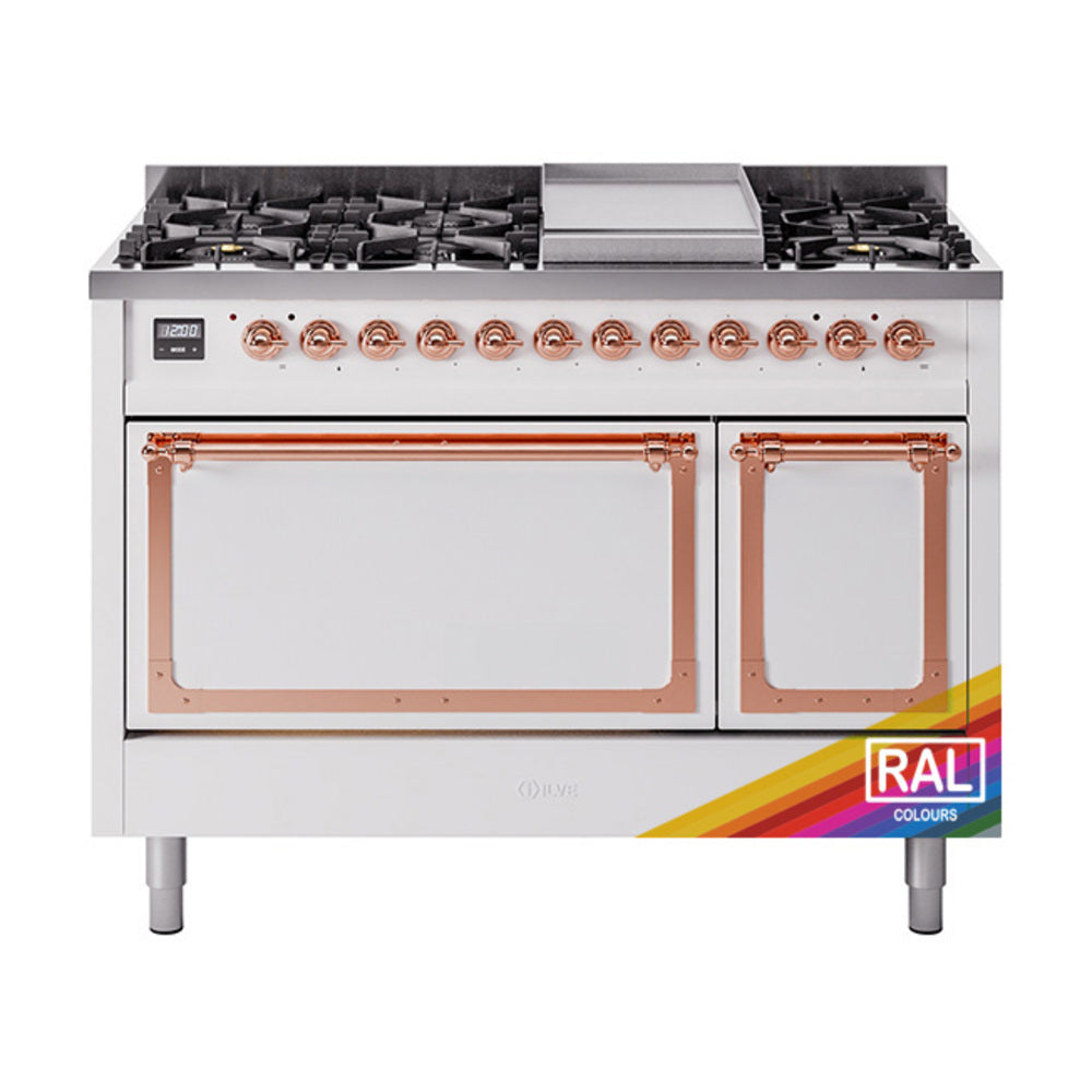 Freestanding dual-fuel range with open oven doors, stainless steel and copper trim