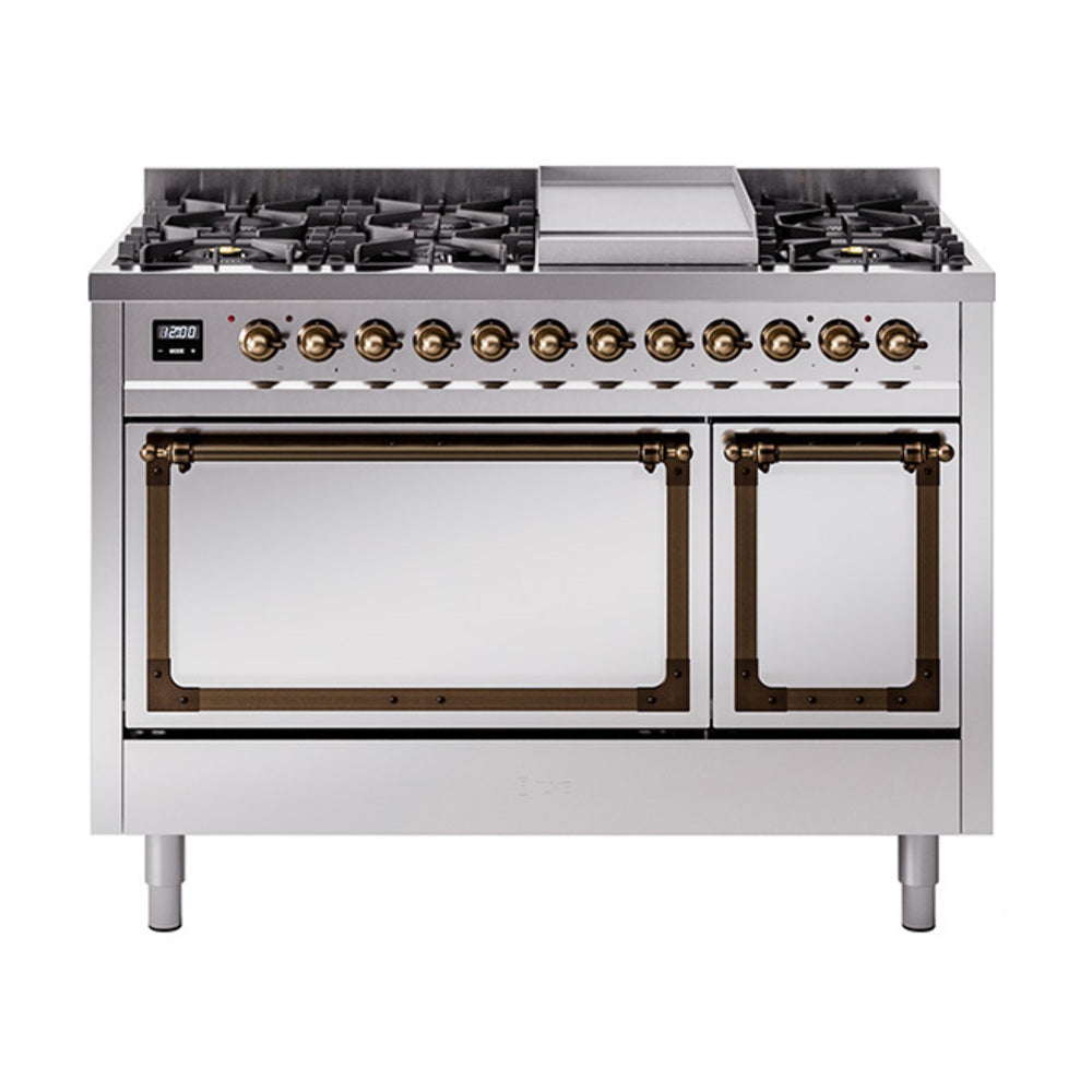 ILVE freestanding dual fuel gas range with stainless front and bronze-trim control knobs