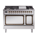 ILVE Nostalgie II Noblesse 48-Inch Freestanding Natural Gas Dual Fuel Range with Solid Door Oven in Stainless Steel with Bronze Trim (UN48FQNMPSSB)