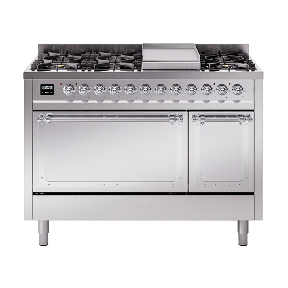 ILVE Nostalgie II stainless dual-fuel range with chrome knobs and two oven doors