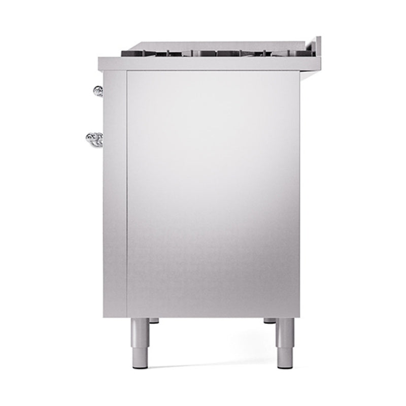 ILVE Nostalgie II Noblesse 48-Inch Dual Fuel Freestanding Range with Solid Door Oven in Stainless Steel with Chrome Trim (UN48FQNMPSSC)