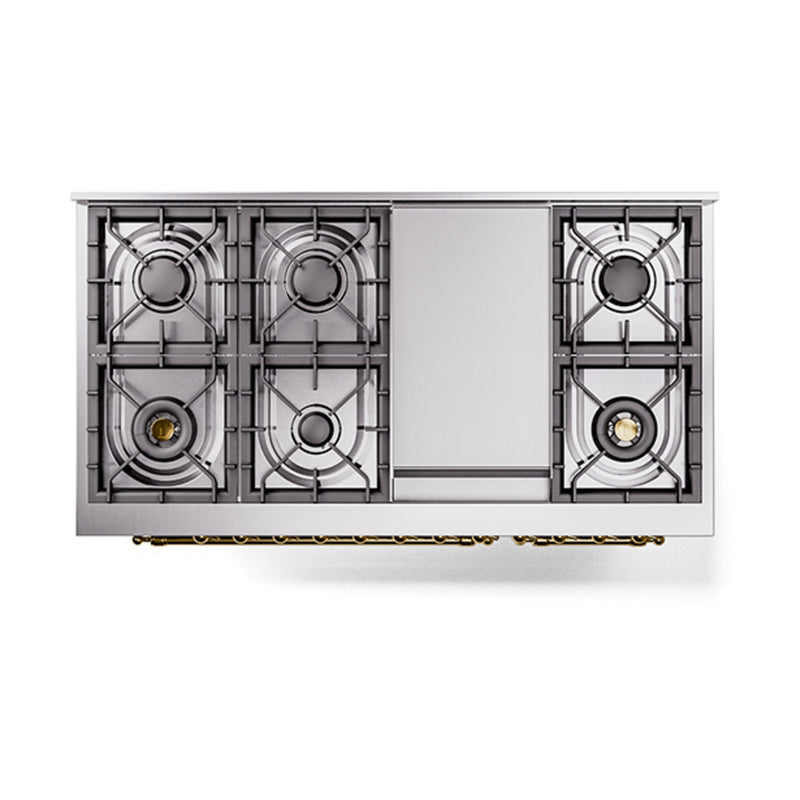 ILVE Nostalgie II Noblesse 48-Inch Dual Fuel Freestanding Range with Solid Door Oven in Stainless Steel with Brass Trim (UN48FQNMPSSG)