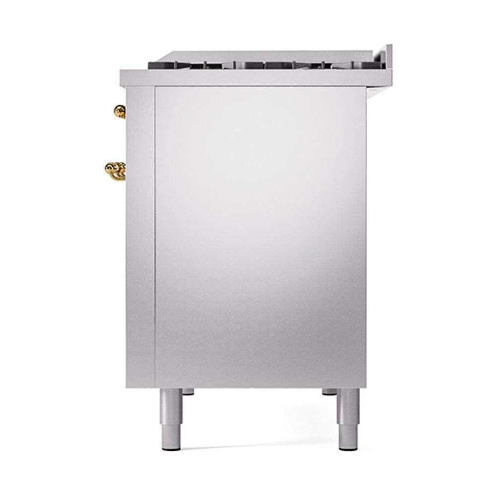 Stainless steel lower oven door front with brass hinge details and leveling feet