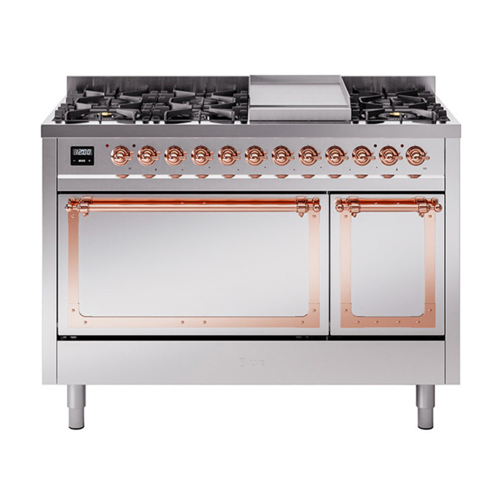Stainless dual fuel freestanding range with cooktop burners and two oven doors