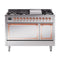 ILVE Nostalgie II Noblesse 48-Inch Freestanding Natural Gas Dual Fuel Range with Solid Door Oven in Stainless Steel with Copper Trim (UN48FQNMPSSP)