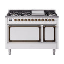 ILVE Nostalgie II Noblesse 48-Inch Dual Fuel Freestanding Range with Solid Door Oven in White with Bronze Trim (UN48FQNMPWHBLP)