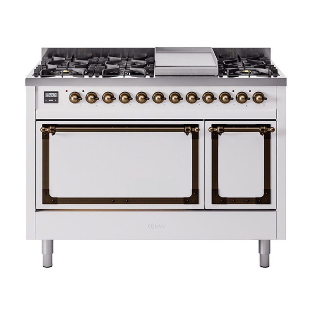 White freestanding gas range with dual fuel burners and bronze-trimmed oven doors