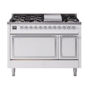 ILVE Nostalgie II Noblesse 48-Inch Dual Fuel Freestanding Range with Solid Door Oven in White with Chrome Trim (UN48FQNMPWHCLP)