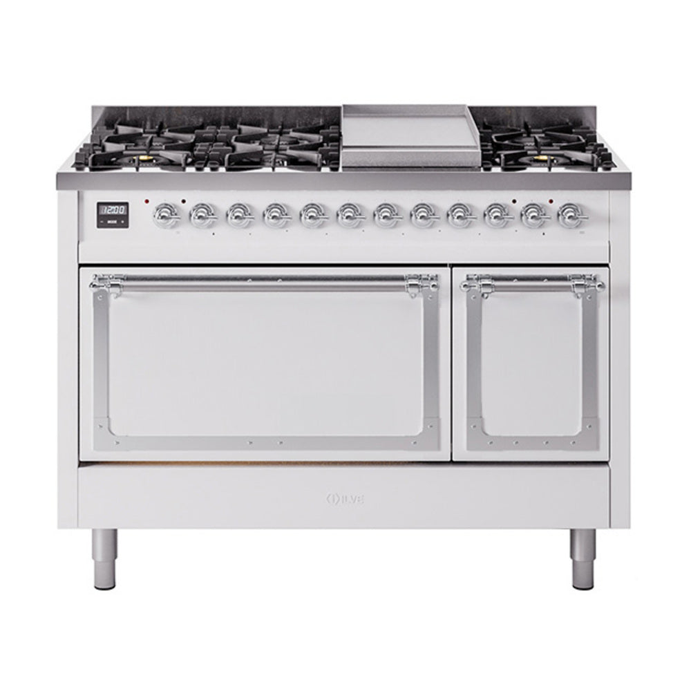 White freestanding gas range with dual ovens, chrome control knobs and burner grates